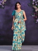 Cream And Blue Satin Silk Ready To Wear Saree